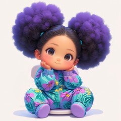 Fototapeta premium Cute chibi cartoon baby girl with large purple afro puffs sitting in a colorful floral jumpsuit.