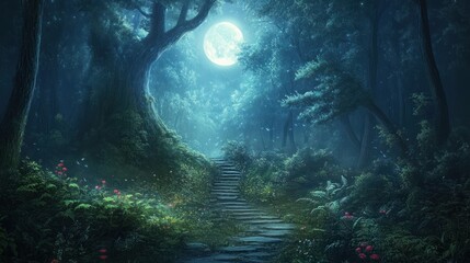 A forest with a castle in the background and a large crescent moon in the sky