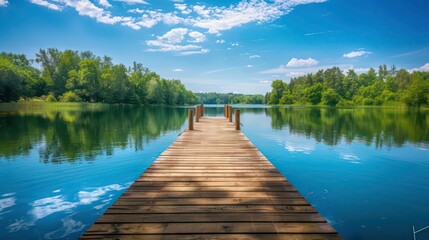 Naklejka premium Wooden pier extending into a calm lake with lush green trees lining the shoreline on a bright sunny day.