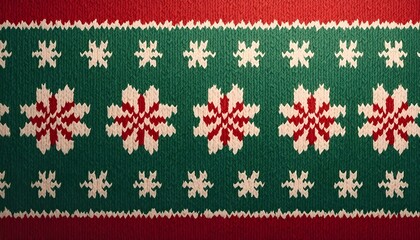 A seamless knitted pattern with snowflakes and geometric shapes in shades of green, red, and white