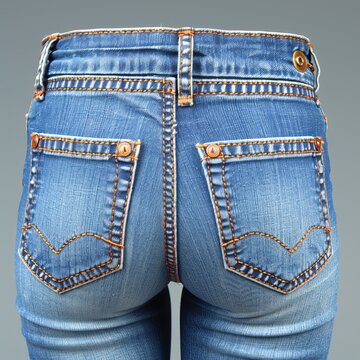 A woman in blue jeans seen from behind, highlighting the slim-fit design that accentuates her curves. Her long hair falls over her shoulders as she stands confidently against a light blue background.