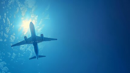 A commercial airplane flying underwater, creating a surreal illusion against the deep blue sky. The vibrant backdrop enhances the silhouette of the plane, making for a mesmerizing scene. Copy space