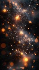 Image depicts a cosmic scene filled with glowing orange and yellow lights interconnected by fine web-like structures, resembling a starry universe