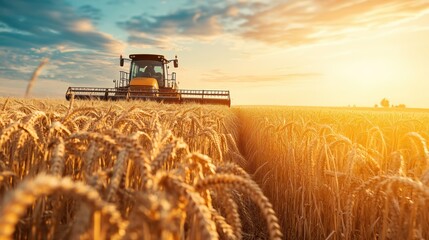 Fototapeta premium Combine Harvester in a Wheat Field at Sunset
