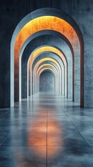 Obraz premium Image shows a futuristic, arched hallway with glowing lights and reflective surfaces, creating a tunnel-like effect