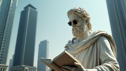 White marble sculpture of a bearded ancient Greek man wearing sunglasses in a modern setting against the backdrop of a futuristic cityscape