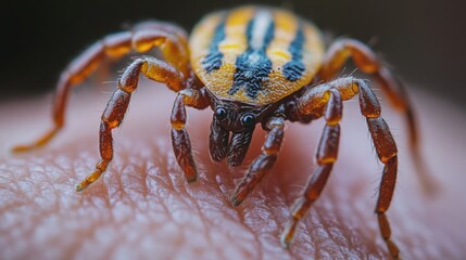 Fototapeta premium Close-up of spider with striped body on human skin, showcasing detailed leg and hair texture.