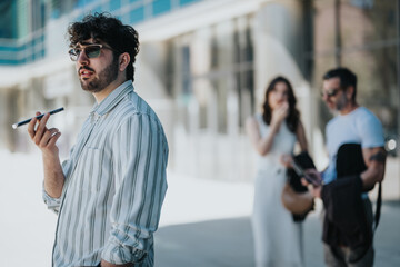 Young professional man dictating a message on his phone with male and female colleagues chatting...