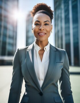 Confident businesswoman standing tall in a sleek suit, radiating energy and professionalism in an urban setting. Perfect for leadership, corporate branding, or career success themes.