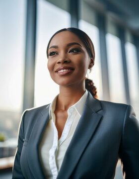 Confident businesswoman in a tailored suit, smiling with poise in a modern office. Perfect for corporate branding, leadership representation, or career advancement themes.