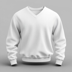 White long-sleeved V-neck sweatshirt with ribbed cuffs and hem, isolated on gray background.