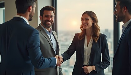 Group, business people and shaking hands for welcome, introduction or meeting in office. Handshake, smile and team with deal for collaboration, agreement or thank you for b2b partnership opportunity