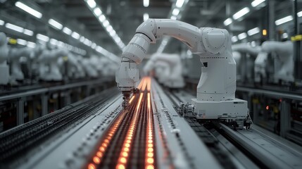 Advanced robotic arm working on assembly line in futuristic factory. concept of automation and technology.