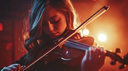 Fototapeta premium A woman is playing the violin in a dark room