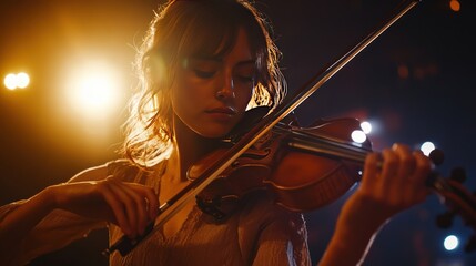 Fototapeta premium A woman is playing the violin in a dark room