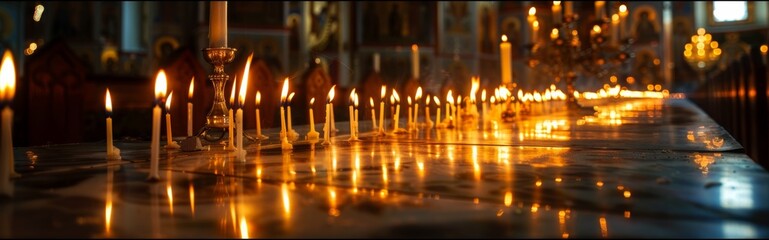 Candles burning in an Orthodox church, their flames reflecting tradition and prayer, evoking