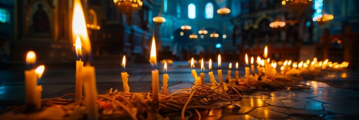 Candles burning in an Orthodox church, their flames reflecting tradition and prayer, evoking