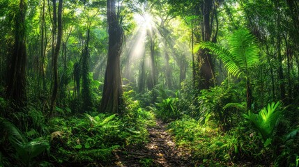Obraz premium A lush green jungle with sunlight shining through the trees