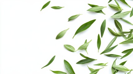 Naklejka premium Green leaves scattered on a white background.