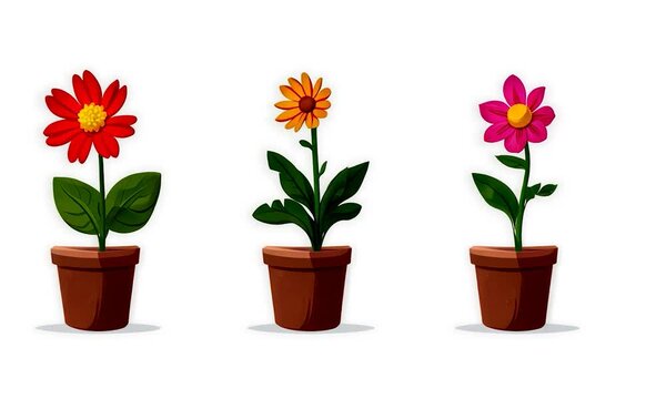 2D cartoon illustration depicting the growth stages of a flower in a brown pot against a white background showcasing the blooming phase of a small flower