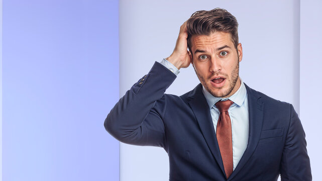 A young man in a suit and tie is taken aback