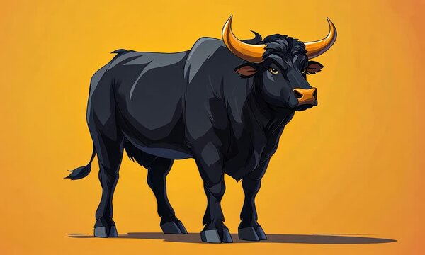 2D cartoon illustration of a black bull