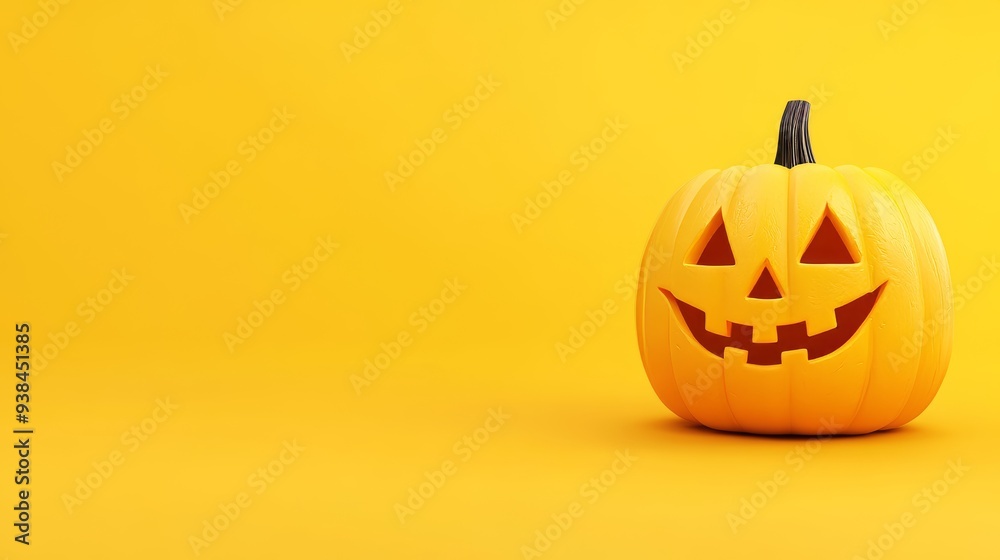 Wall mural Decorating for Halloween with a carved orange pumpkin on a yellow background with its playful grin and jagged eyes