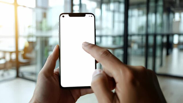 POV business man hand holding touching finger smartphone with blank white screen indoors and in office
