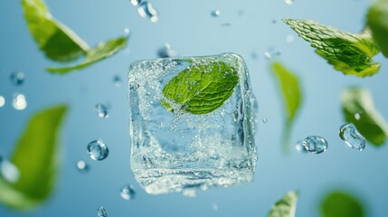 Cooling Ice Cube with Mint Leaves on Blue