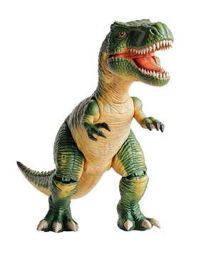 Fototapeta A green and yellow toy dinosaur with an open mouth. It is a tyrannosaurus rex on a white background.
