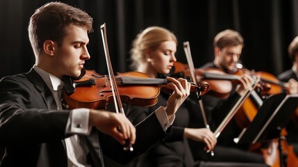 Fototapeta premium A group of musicians playing violins on stage