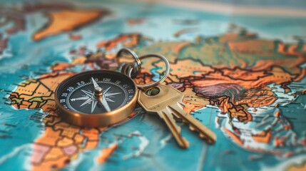 A compass and a key lie on a world map, symbolizing the journey of travel and discovery.