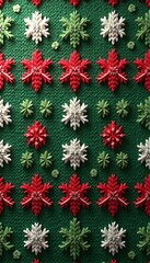 A seamless knitted pattern with snowflakes and geometric shapes in shades of green, red, and white,