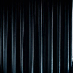 Curtain with soft smooth flowing folds. Deep black color and luxurious texture create a dramatic and elegant atmosphere. Decoration and interior design. Expensive curtain made of rich fabric. AI