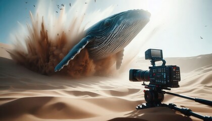 A surreal scene featuring a whale breaching from desert sands, captured by a camera. This imaginative concept blends nature and fantasy, ideal for creative projects.