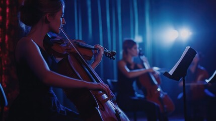 A woman is playing the violin while a man plays the cello.
