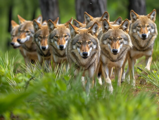 A pack of coyotes are walking through a forest. The pack is made up of nine coyotes, all of which are looking in the same direction