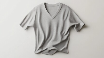 Grey V-neck t-shirt with short sleeves on a white background.