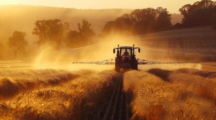 Fototapeta premium A tractor fitted with a crop sprayer traverses the field, spraying a fine mist of pesticide over the crops below
