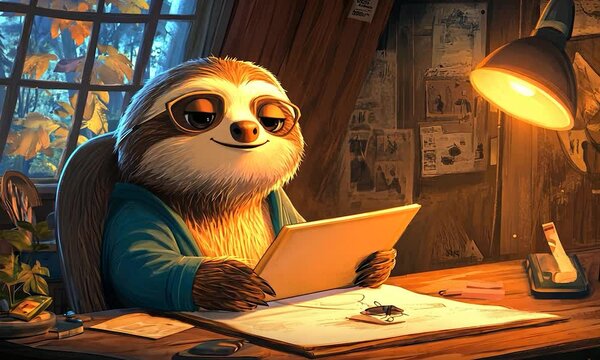 2D cartoon representation of a dedicated sloth engrossed in work