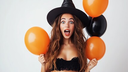 Halloween party girl Happy Halloween witch with air balloons A beautiful young surprised woman in a witchs hat and short dress holding black and orange balloons isolated against a white