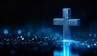 Obraz premium Blue holographic glowing Christian cross with copy space.