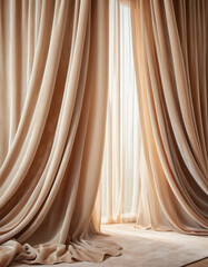 Curtain with soft smooth flowing folds. Deep beige color and luxurious texture create a dramatic...