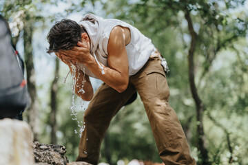 Young man washing face with water from a natural stream in the forest, enjoying an outdoor hiking...