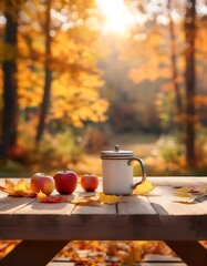 Enamel Mug Mockup. Autumn Picnic in the Woods - A wooden tabletop in an autumn forest, set for a rustic picnic with mug, apples and leaves. Graphic art illustration. Ai Generative