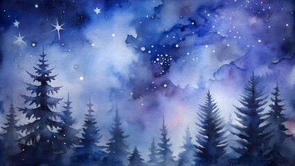 Fototapeta premium Christmas background with enchanted winter forest in deep blue watercolor with starry sky