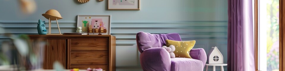 Child's Bedroom Decor Featuring a Purple Armchair, Wooden Cabinet, and Comfortable Accents on the Wall