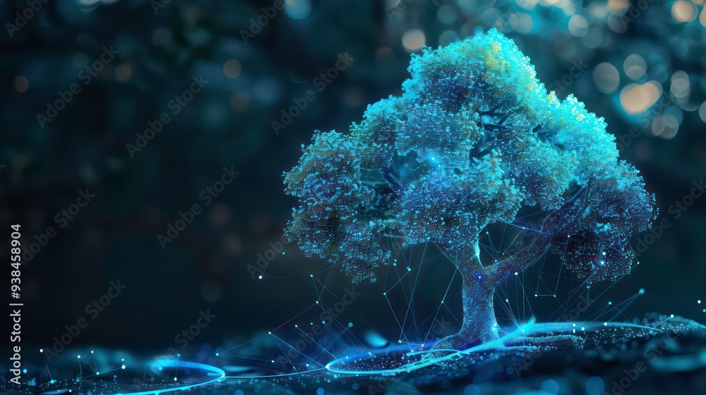 Canvas Prints a glowing tree with glowing blue lines connecting it to a black background.