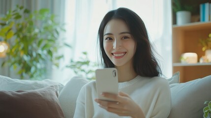 Woman takes selfie with phone at home.