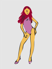Dynamic Pose Vibrant Colors Contemporary Line Art, a muscular woman with vibrant red hair wearing a bright yellow leotard, dynamic action pose, digital art, high detail